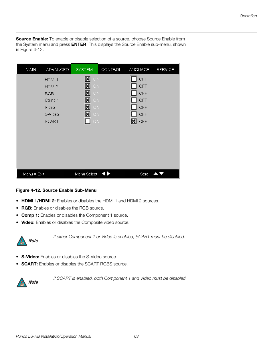 Source enable, Figure 4-12 . source enable sub-menu, 12. source enable sub-menu | Pre l iminar y | Runco LIGHTSTYLE LS-HB User Manual | Page 79 / 110