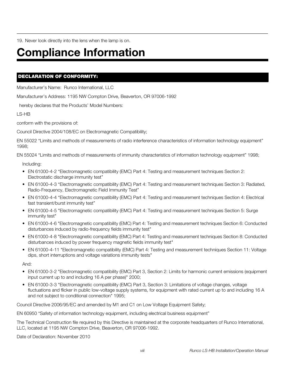 Compliance information, Pre l iminar y | Runco LIGHTSTYLE LS-HB User Manual | Page 8 / 110