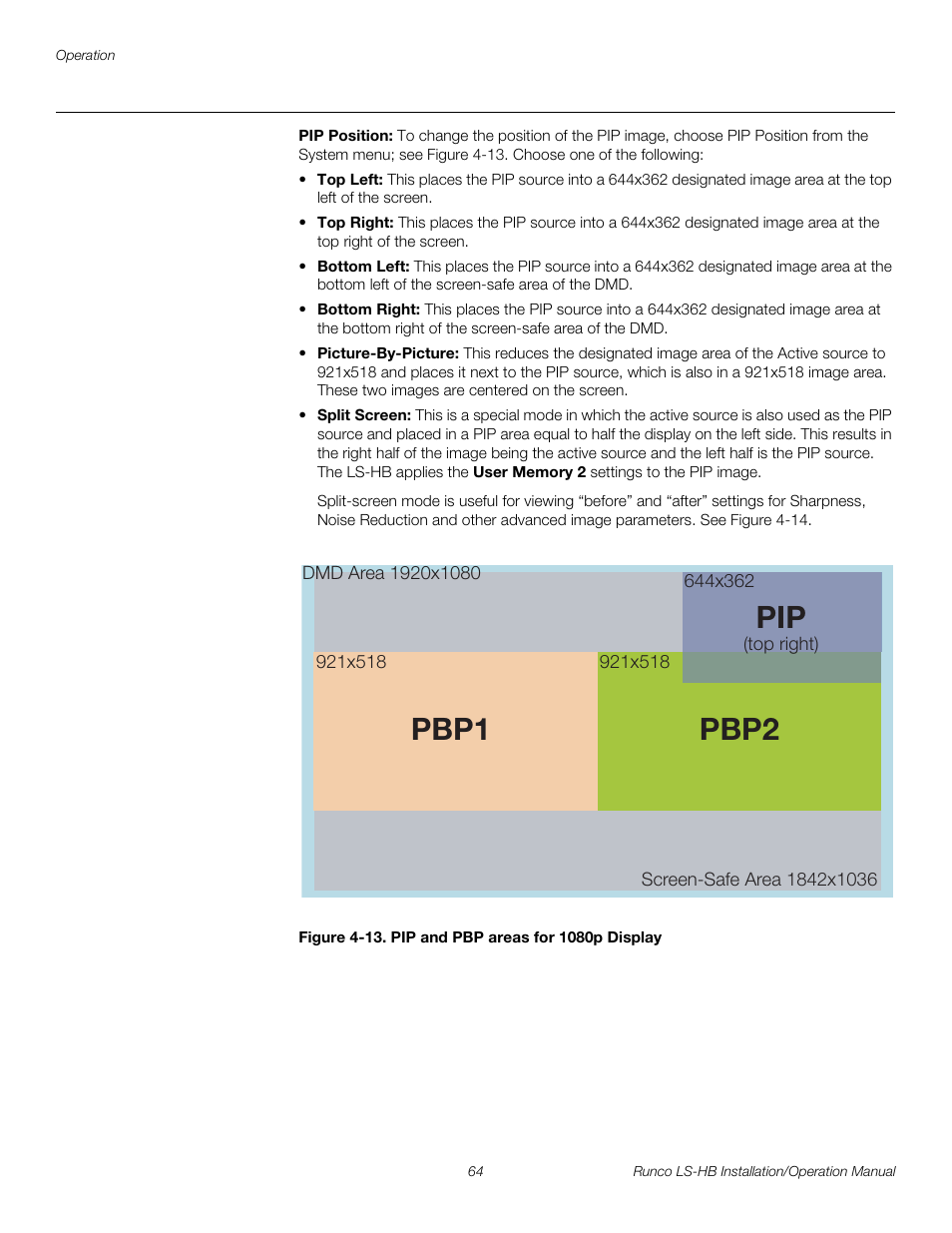 Pip position, Figure 4-13 . pip and pbp areas for 1080p display, 13. pip and pbp areas for 1080p display | Pre l iminar y, Pbp2 pbp1 | Runco LIGHTSTYLE LS-HB User Manual | Page 80 / 110