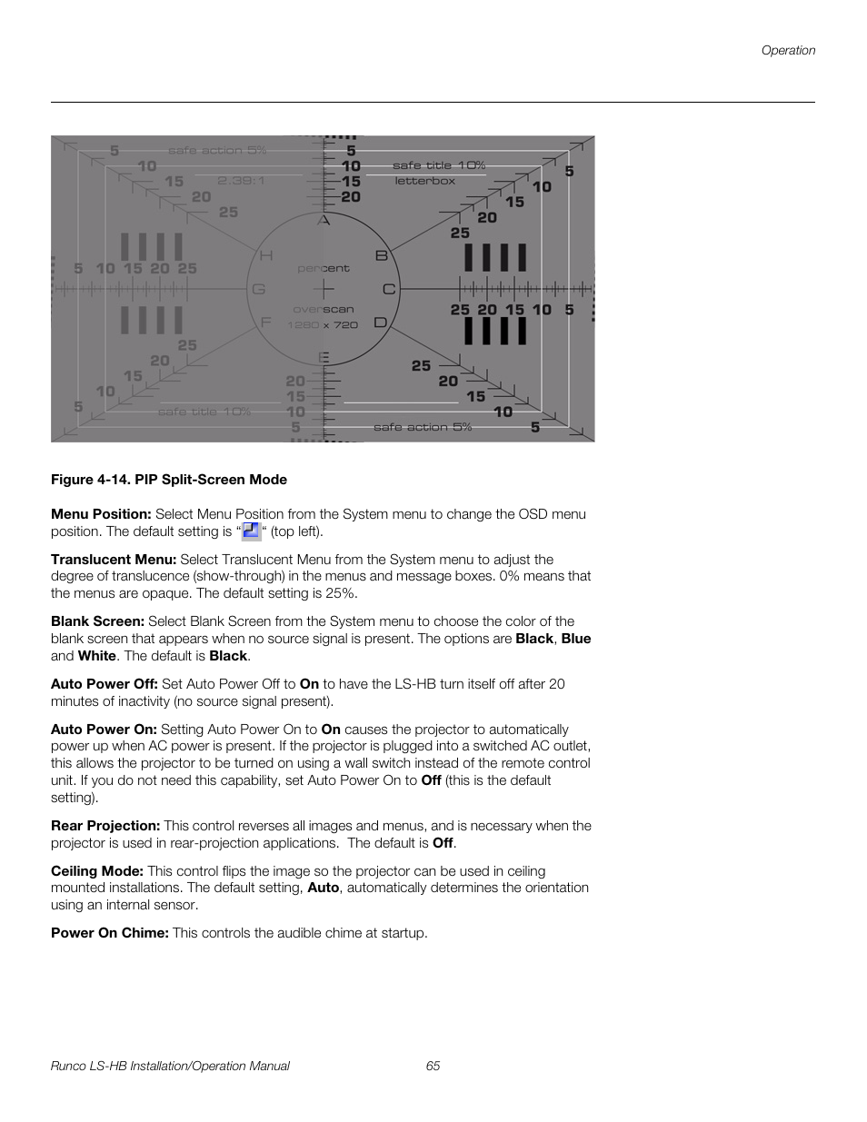 Figure 4-14 . pip split-screen mode, Menu position, Translucent menu | Blank screen, Auto power off, Auto power on, Rear projection, Ceiling mode, Power on chime, 14. pip split-screen mode | Runco LIGHTSTYLE LS-HB User Manual | Page 81 / 110