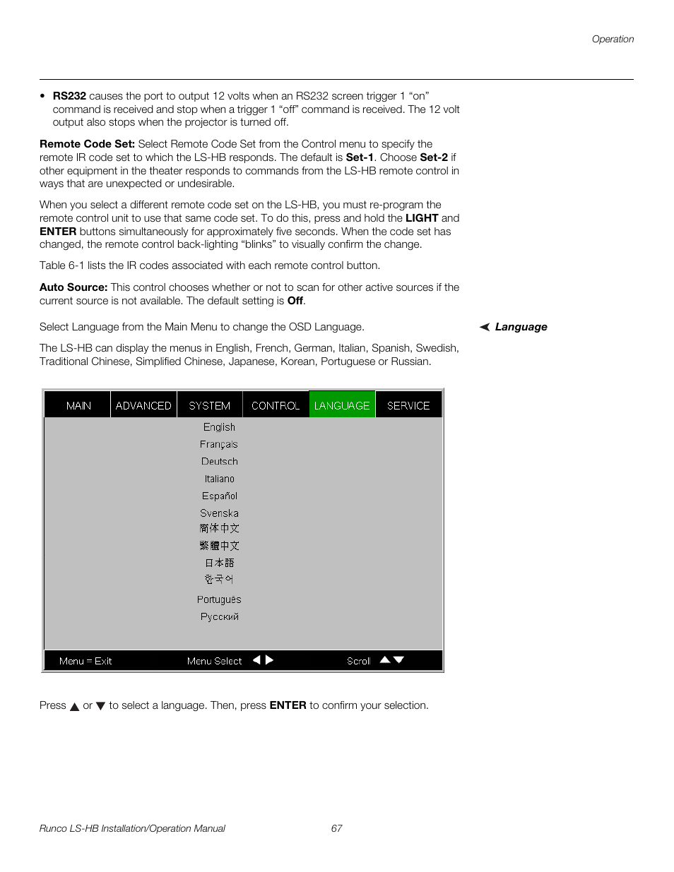 Remote code set, Auto source, Language | Pre l iminar y | Runco LIGHTSTYLE LS-HB User Manual | Page 83 / 110