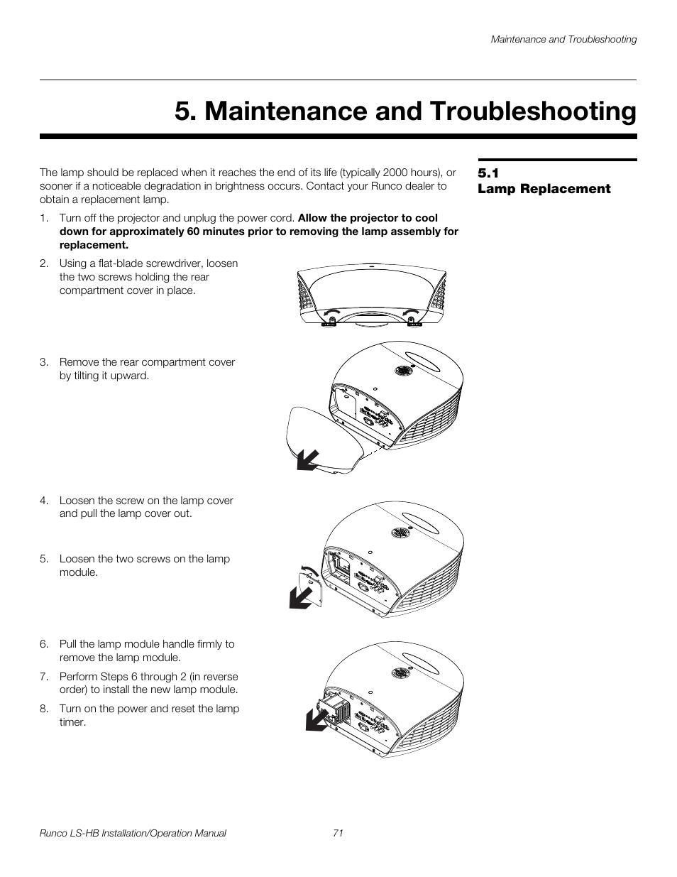 Maintenance and troubleshooting, 1 lamp replacement, Lamp replacement | Pre l iminar y | Runco LIGHTSTYLE LS-HB User Manual | Page 87 / 110