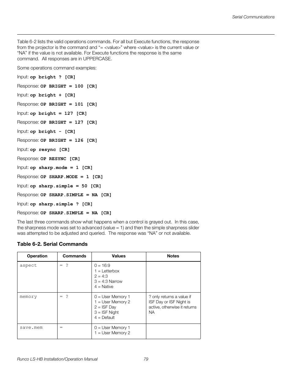 Table 6-2 . serial commands, Table 6-2 an, Pre l iminar y | Runco LIGHTSTYLE LS-HB User Manual | Page 95 / 110