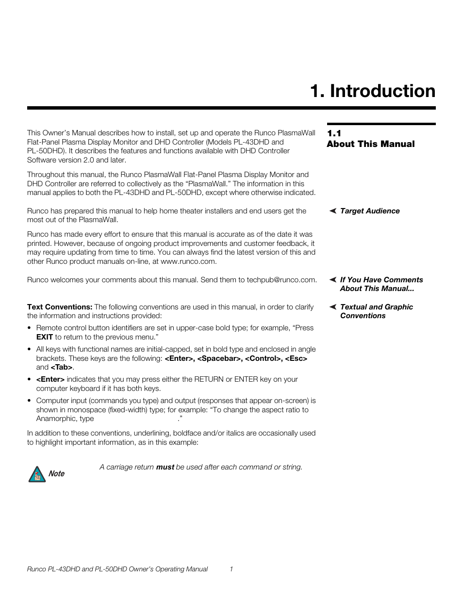 Introduction, 1 about this manual, Target audience | If you have comments about this manual, Textual and graphic conventions, Text conventions, About this manual, Pre l iminar y | Runco PL-43DHD User Manual | Page 11 / 76