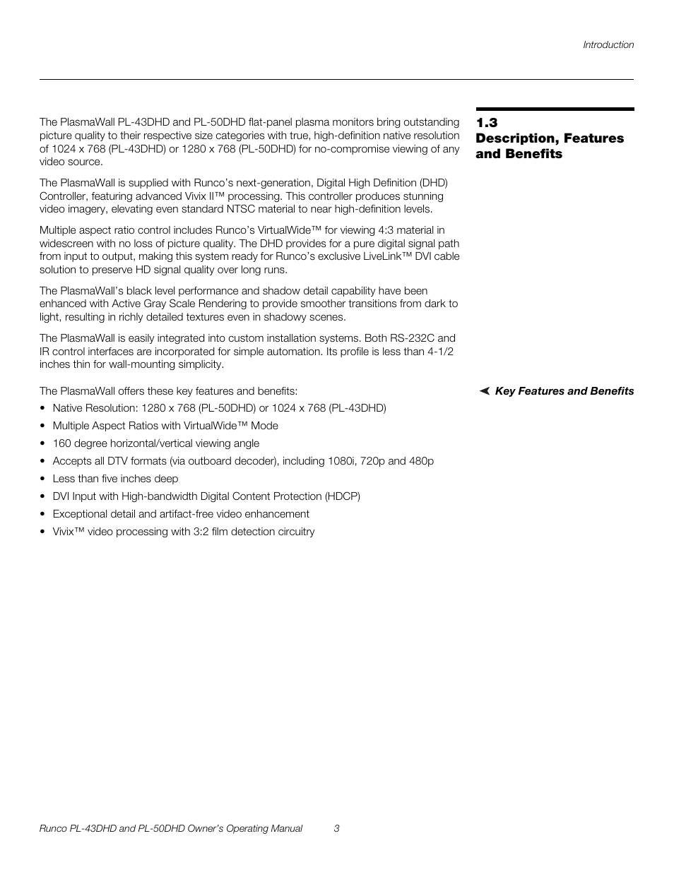 3 description, features and benefits, Key features and benefits, Description, features and benefits | Pre l iminar y | Runco PL-43DHD User Manual | Page 13 / 76