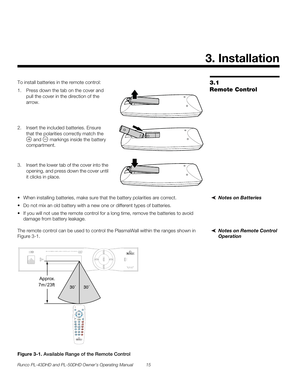 Installation, 1 remote control, Notes on batteries | Notes on remote control operation, Figure 3-1 . available range of the remote control, Remote control, 1. available range of the remote control, Pre l iminar y | Runco PL-43DHD User Manual | Page 25 / 76