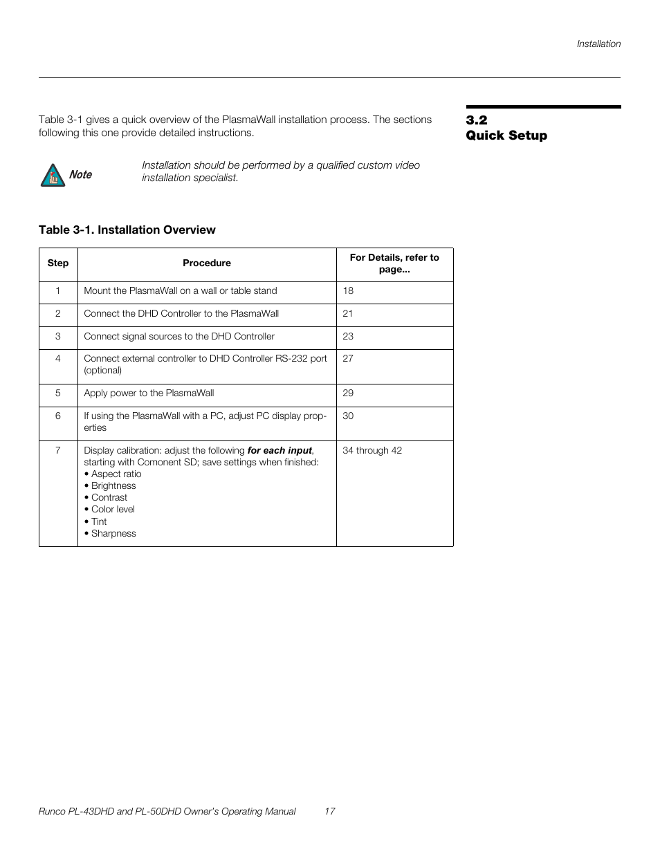 2 quick setup, Table 3-1 . installation overview, Quick setup | Pre l iminar y | Runco PL-43DHD User Manual | Page 27 / 76