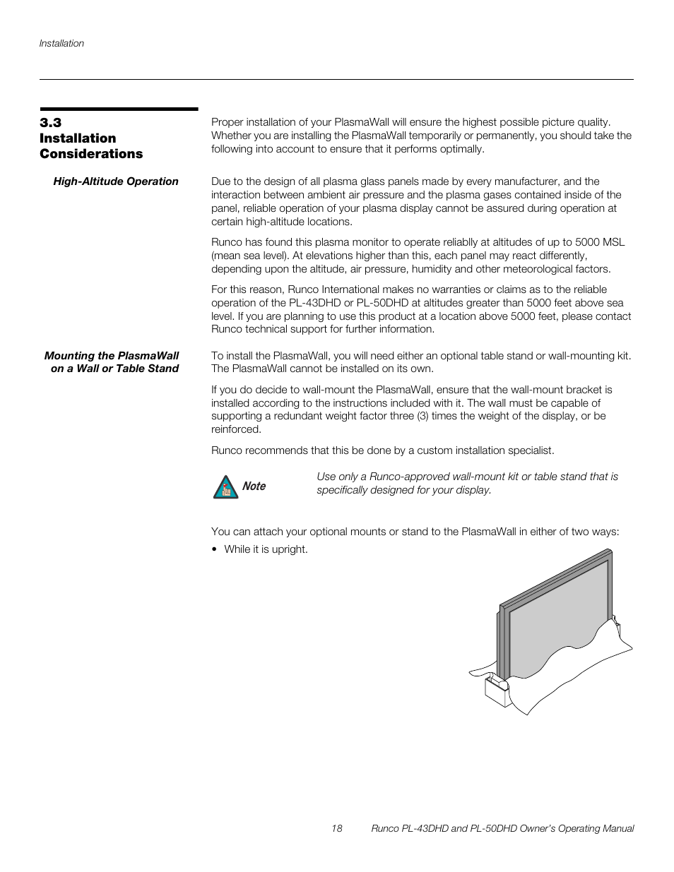 3 installation considerations, High-altitude operation, Mounting the plasmawall on a wall or table stand | Installation considerations, Pre l iminar y | Runco PL-43DHD User Manual | Page 28 / 76
