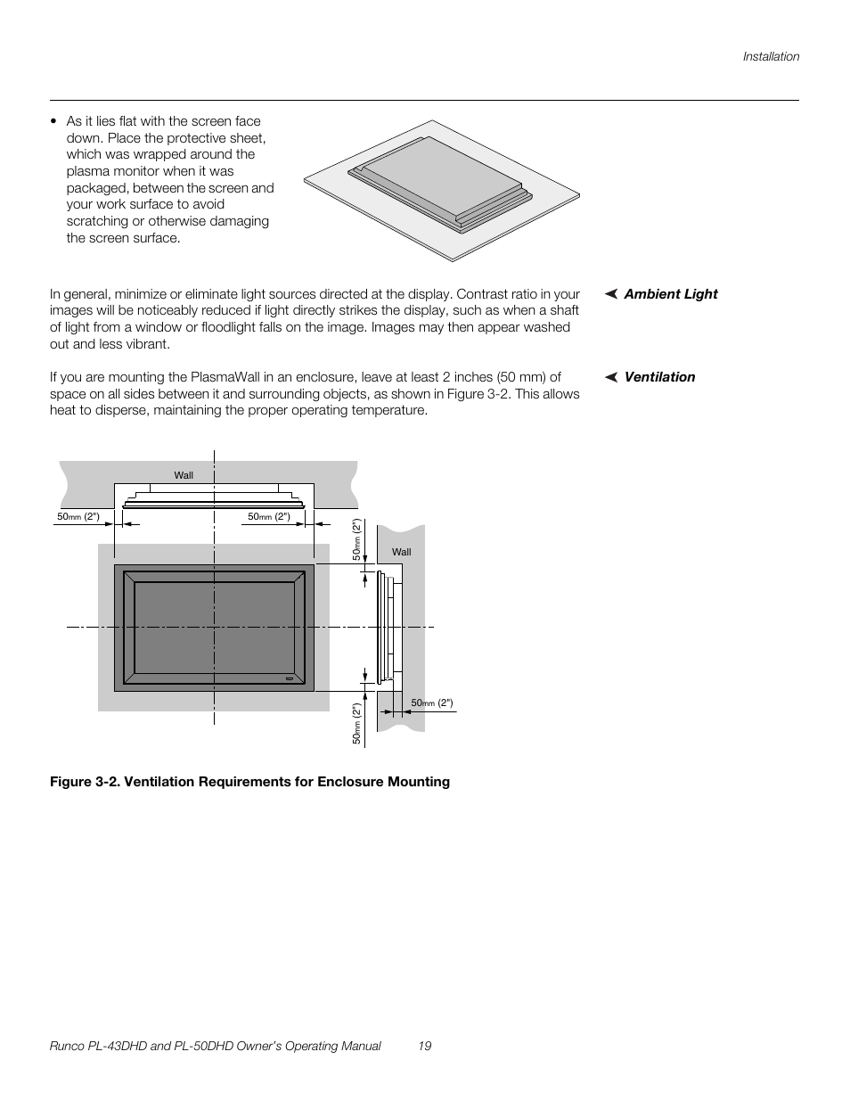 Ambient light, Ventilation, 2. ventilation requirements for enclosure mounting | Pre l iminar y | Runco PL-43DHD User Manual | Page 29 / 76