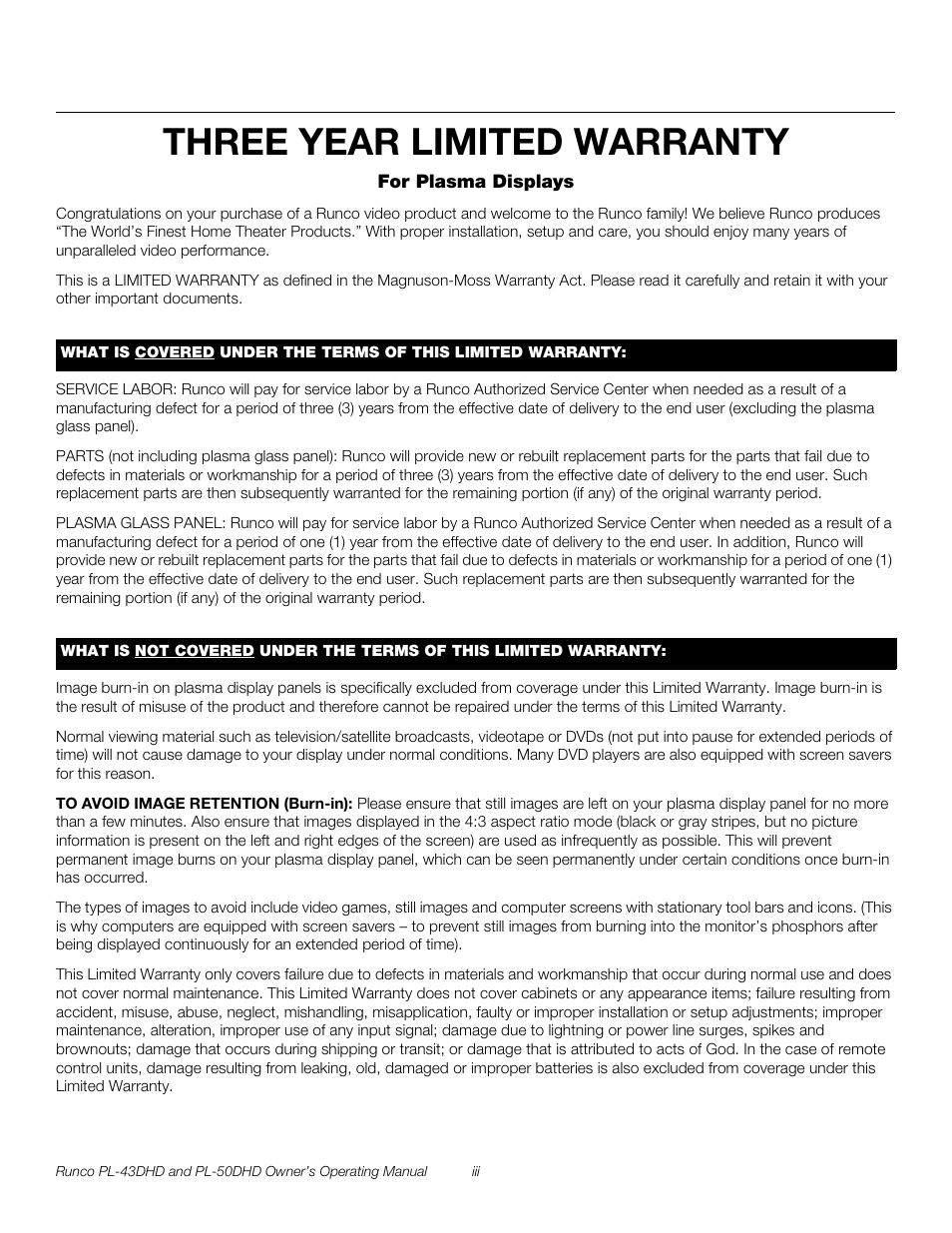 Three year limited warranty, Pre l iminar y | Runco PL-43DHD User Manual | Page 3 / 76