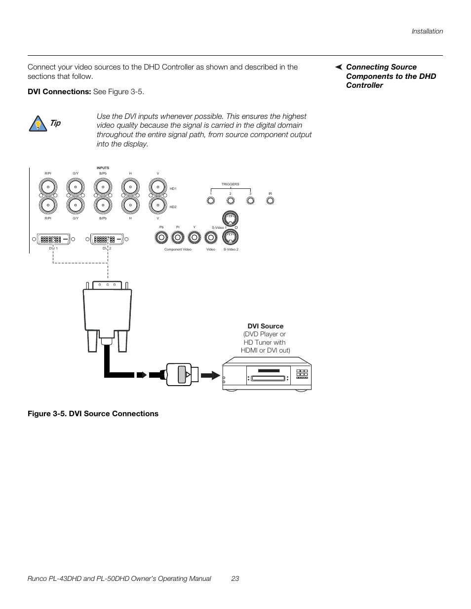 Connecting source components to the dhd controller, Dvi connections, Figure 3-5 . dvi source connections | 5. dvi source connections, Pre l iminar y | Runco PL-43DHD User Manual | Page 33 / 76