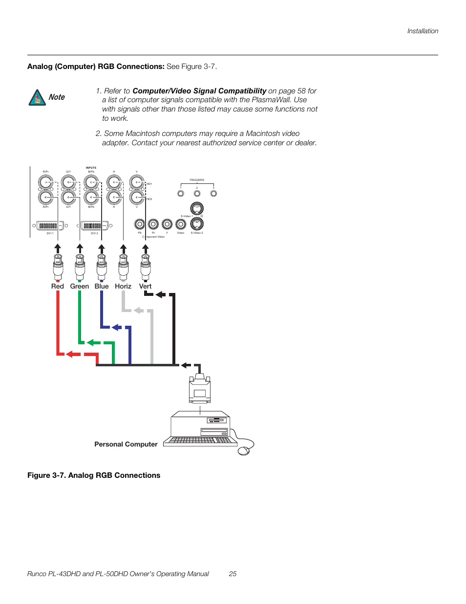 Analog (computer) rgb connections, Figure 3-7 . analog rgb connections, 7. analog rgb connections | Pre l iminar y | Runco PL-43DHD User Manual | Page 35 / 76