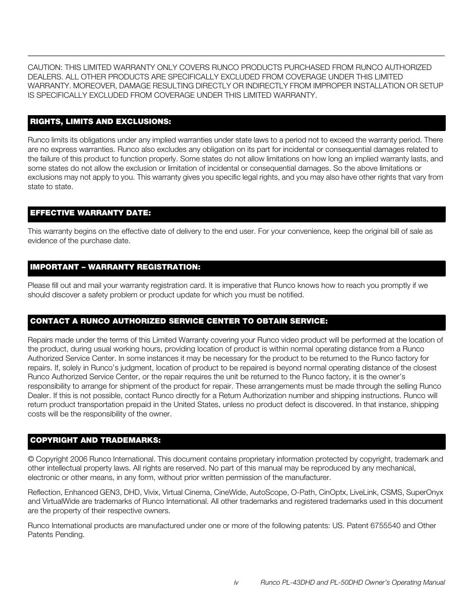 Pre l iminar y | Runco PL-43DHD User Manual | Page 4 / 76