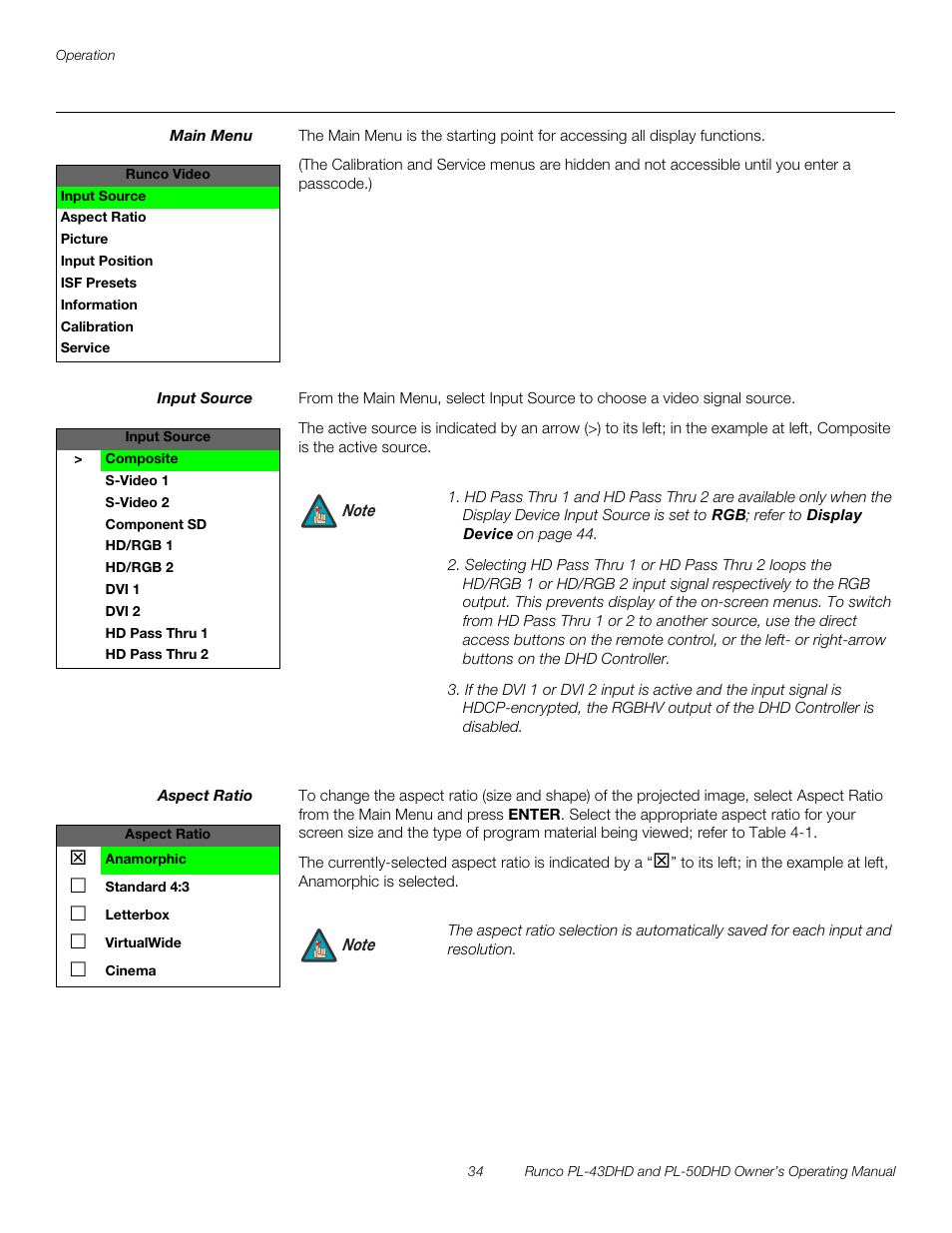Main menu, Input source, Aspect ratio | Pre l iminar y | Runco PL-43DHD User Manual | Page 44 / 76