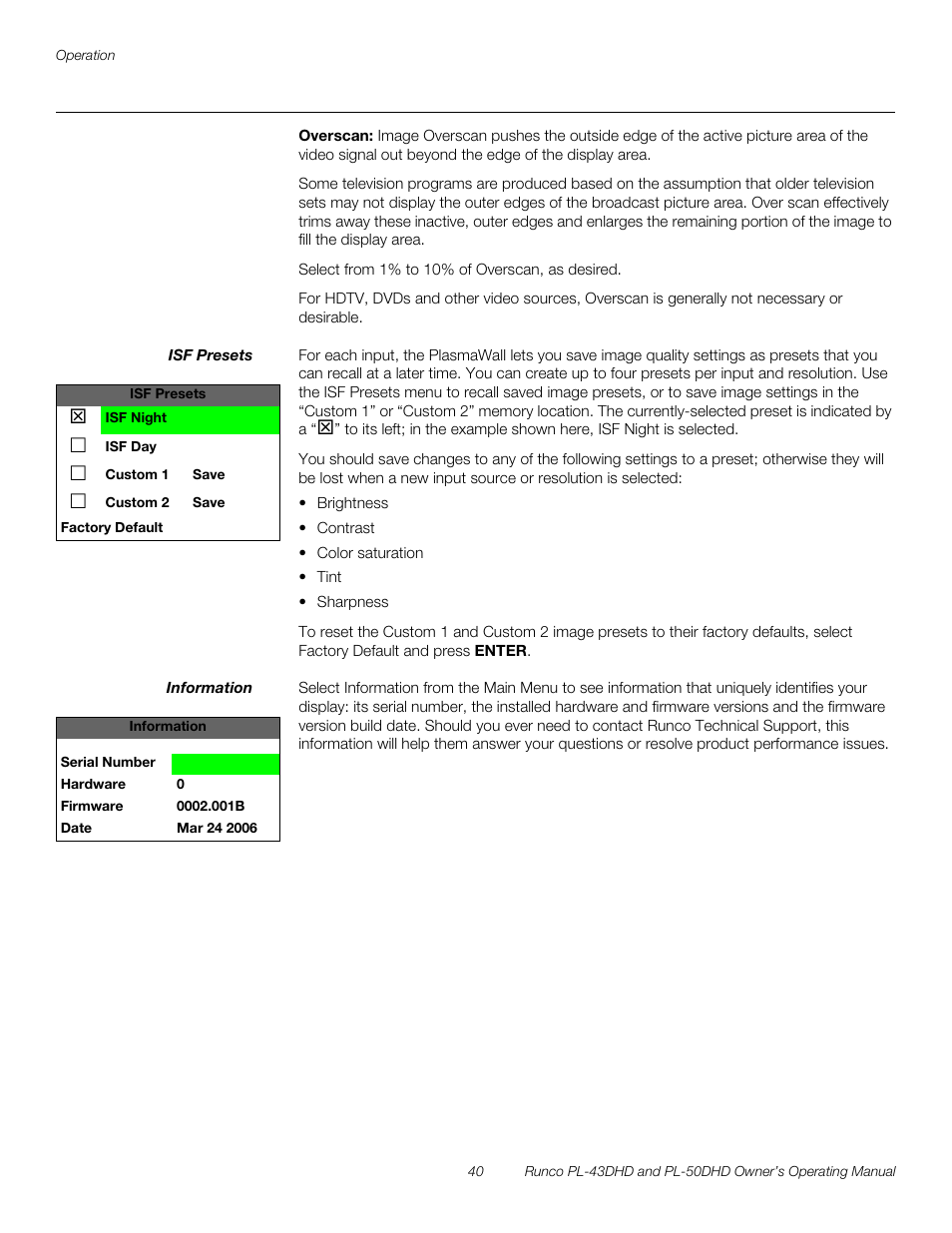 Overscan, Isf presets, Information | Iminar, Pre l iminar y | Runco PL-43DHD User Manual | Page 50 / 76