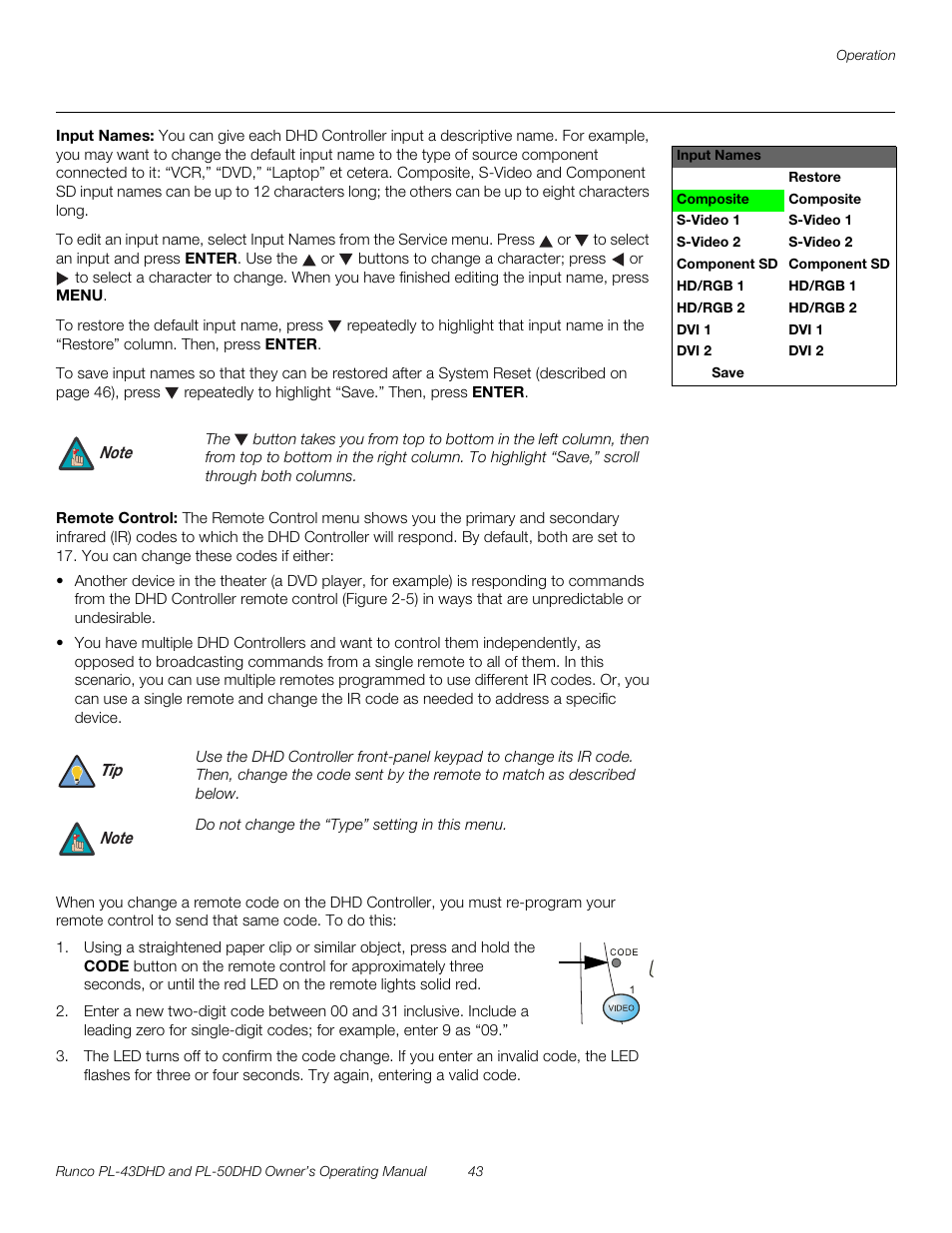 Input names, Remote control, Pre l iminar y | Runco PL-43DHD User Manual | Page 53 / 76