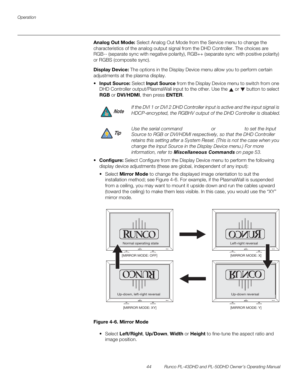 Analog out mode, Display device, Figure 4-6 . mirror mode | 6. mirror mode, To display, Pre l iminar y | Runco PL-43DHD User Manual | Page 54 / 76