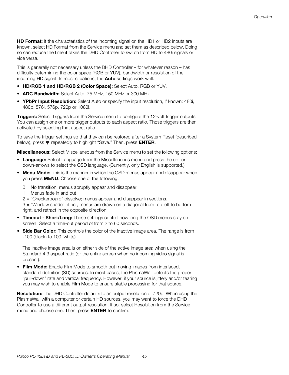 Hd format, Triggers, Miscellaneous | Resolution, Pre l iminar y | Runco PL-43DHD User Manual | Page 55 / 76