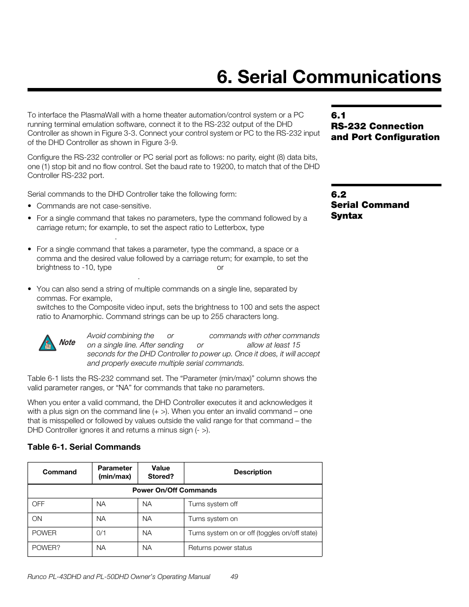 Serial communications, 1 rs-232 connection and port configuration, 2 serial command syntax | Table 6-1 . serial commands, Rs-232 connection and port configuration, Serial command syntax, Serial communications on, Pre l iminar y | Runco PL-43DHD User Manual | Page 59 / 76
