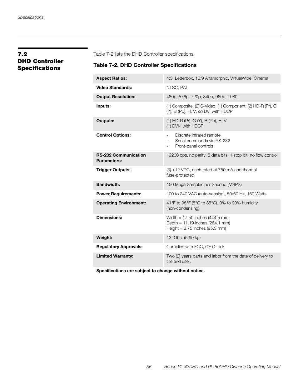 2 dhd controller specifications, Table 7-2 . dhd controller specifications, Dhd controller specifications | Table 7-2, Pre l iminar y | Runco PL-43DHD User Manual | Page 66 / 76