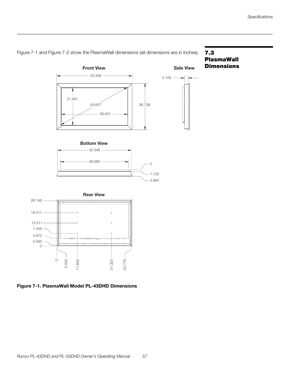 3 plasmawall dimensions, Figure 7-1 . plasmawall model pl-43dhd dimensions, Plasmawall dimensions | 1. plasmawall model pl-43dhd dimensions, Figure 7-1, Pre l iminar y | Runco PL-43DHD User Manual | Page 67 / 76