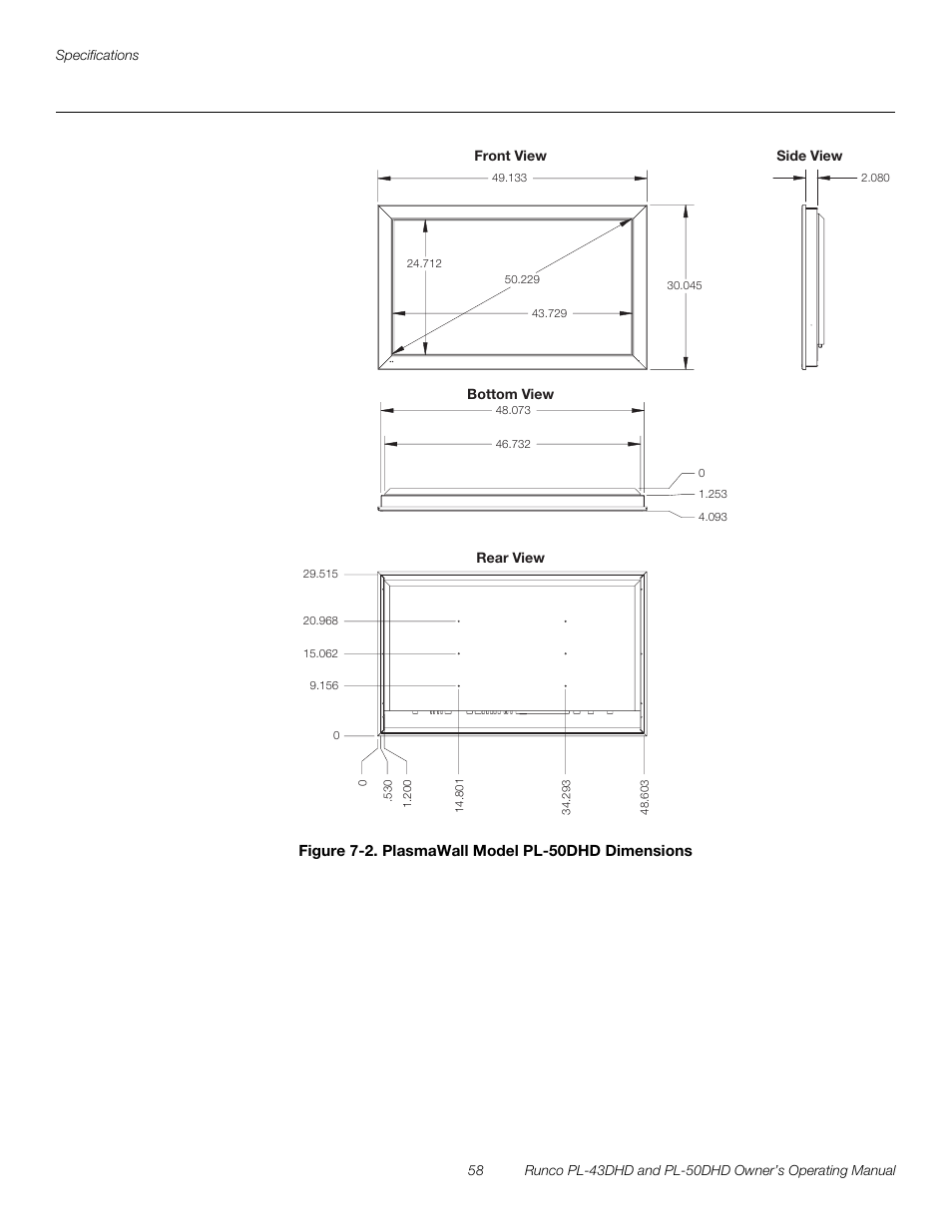 Figure 7-2 . plasmawall model pl-50dhd dimensions, 2. plasmawall model pl-50dhd dimensions, Figure 7-2 | Pre l iminar y | Runco PL-43DHD User Manual | Page 68 / 76