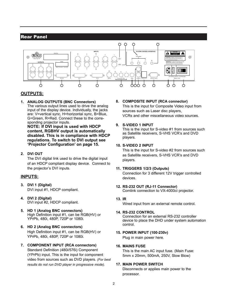 Rear panel, Outputs, Inputs | Runco VX-4000ci User Manual | Page 23 / 44