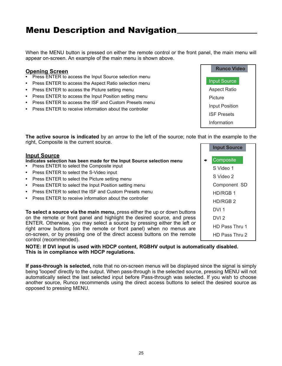 Menu description and navigation | Runco VX-4000ci User Manual | Page 27 / 44