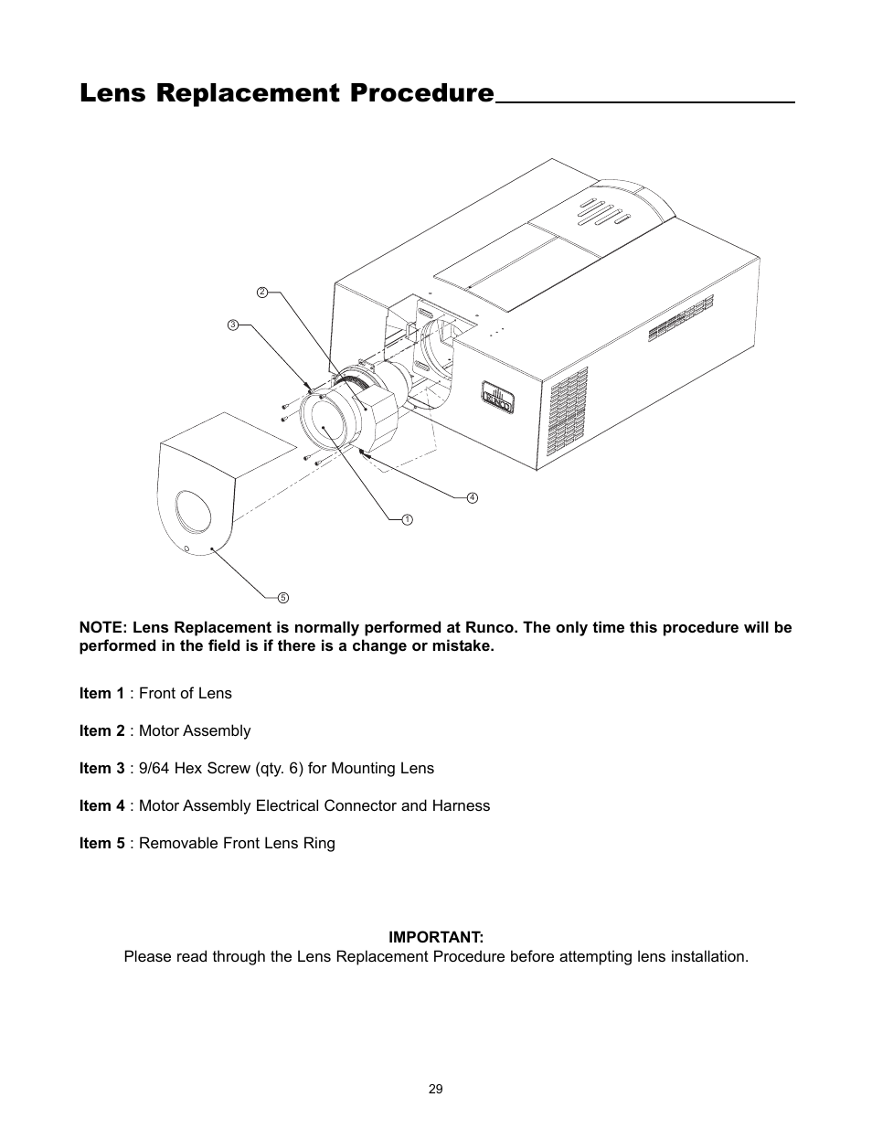 Lens replacement procedure | Runco VX-4000ci User Manual | Page 31 / 44