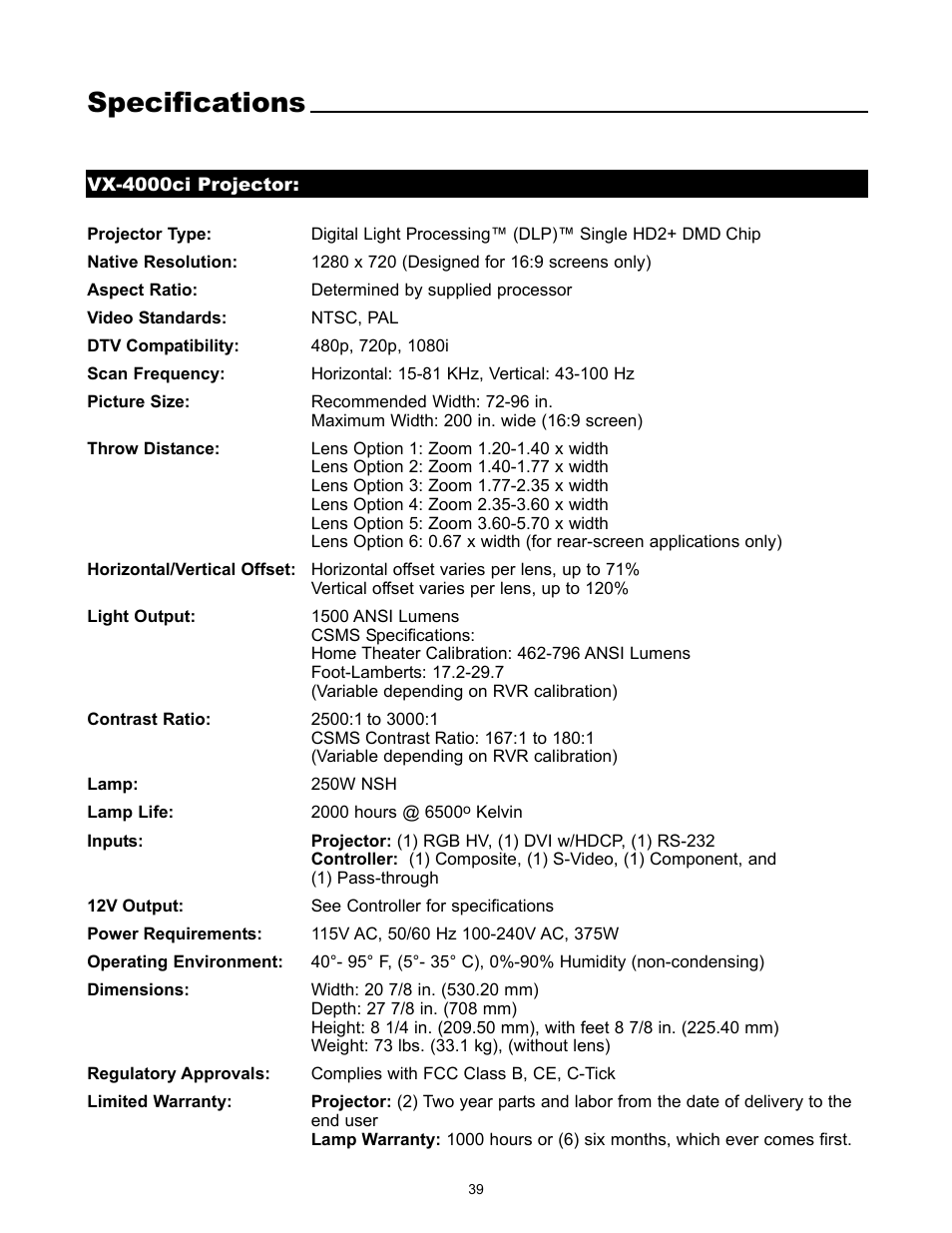 Specifications | Runco VX-4000ci User Manual | Page 41 / 44