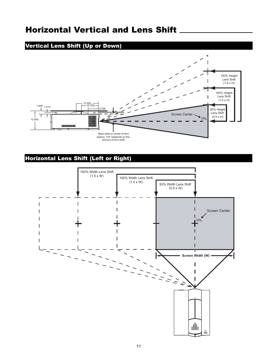 Horizontal vertical and lens shift, Vertical lens shift (up or down), Horizontal lens shift (left or right) | Runco VX-4000d User Manual | Page 13 / 44