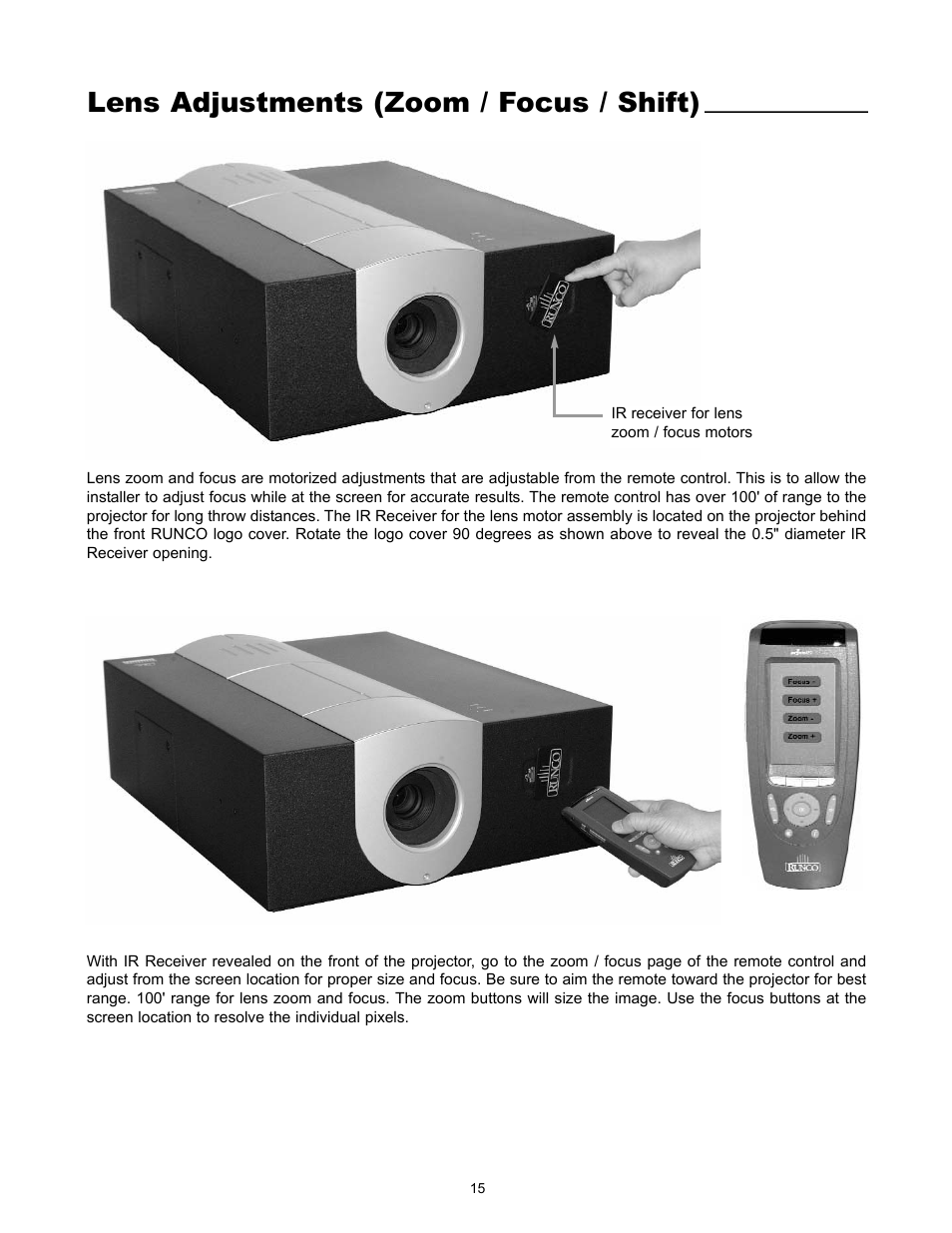 Lens adjustments (zoom / focus / shift) | Runco VX-4000d User Manual | Page 17 / 44