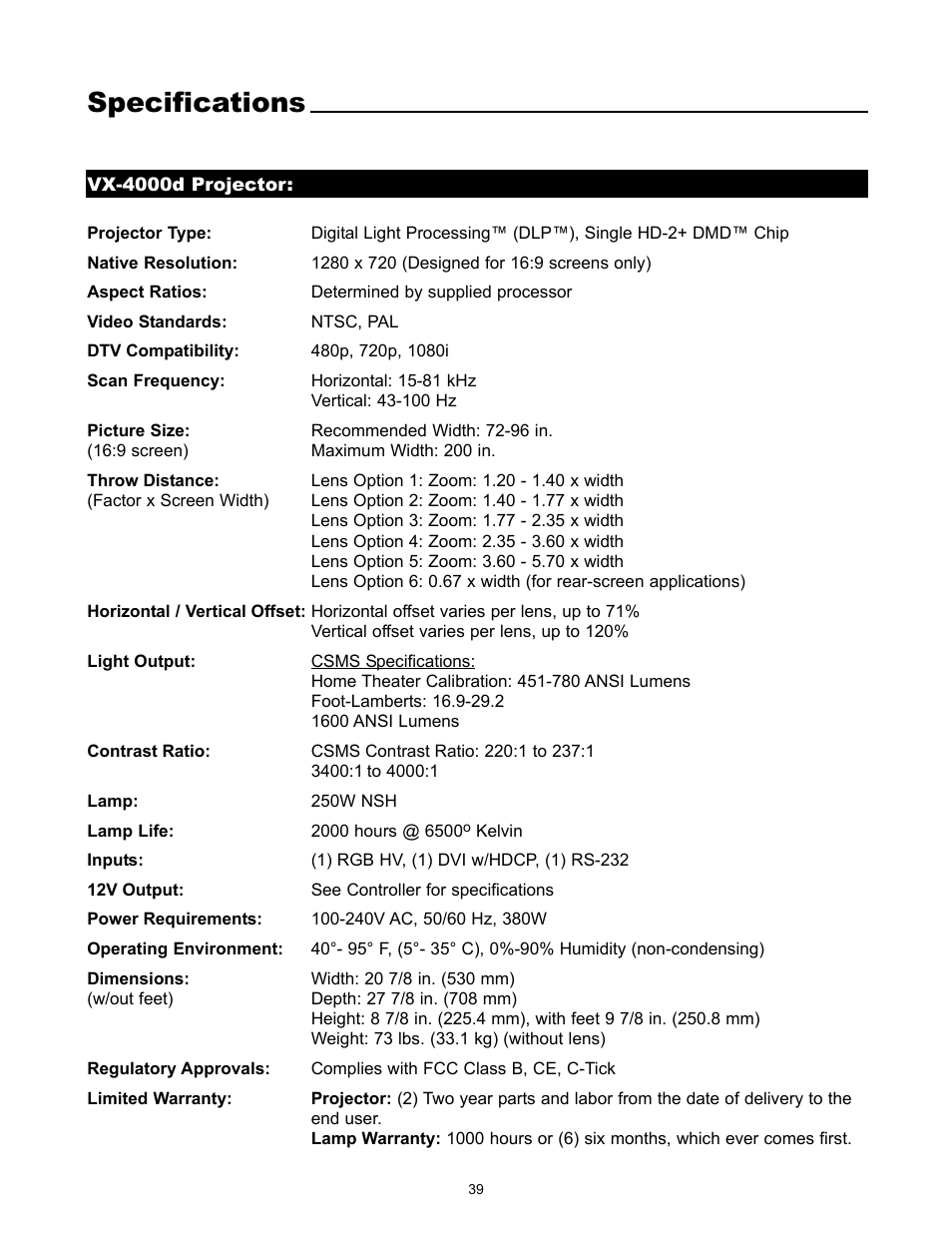 Specifications | Runco VX-4000d User Manual | Page 41 / 44