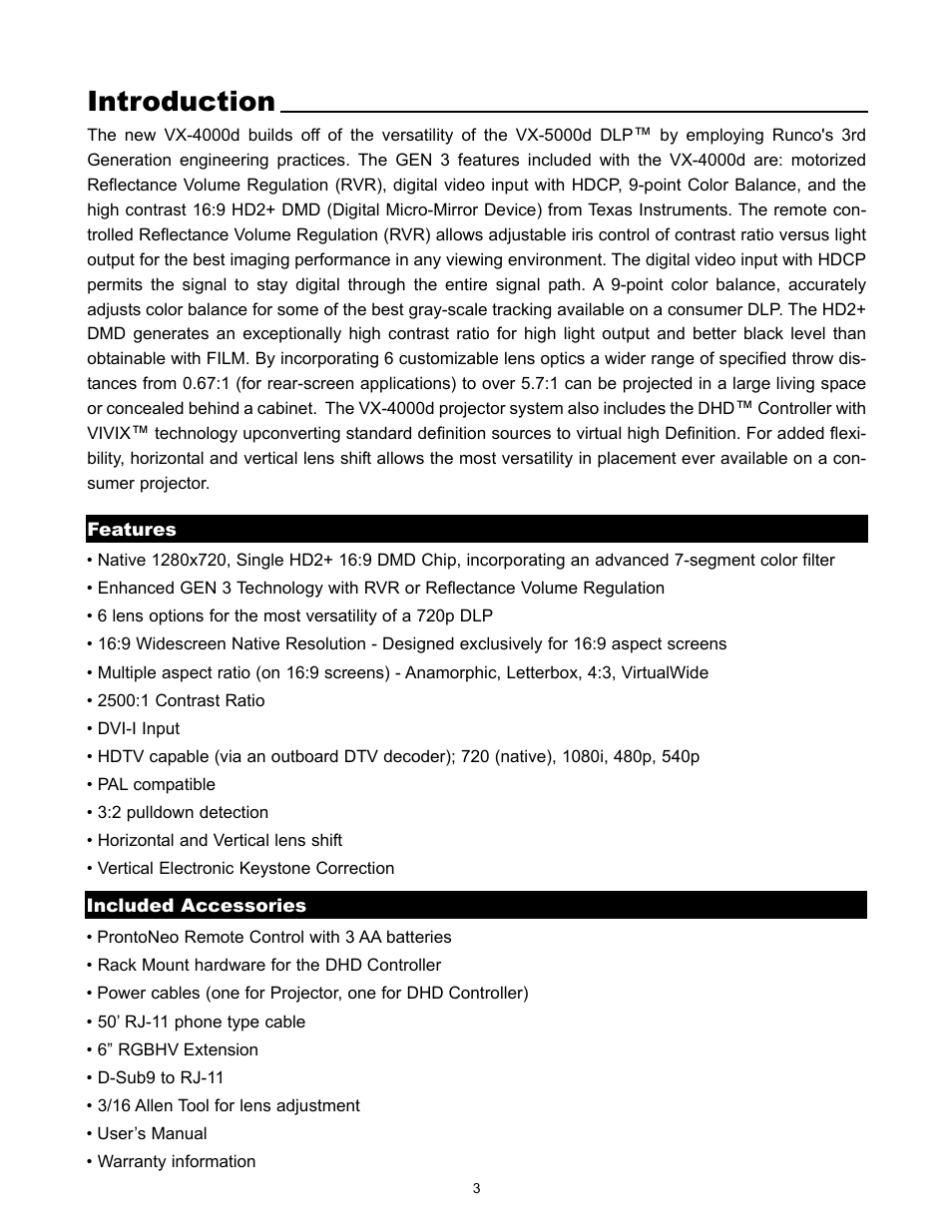 Introduction | Runco VX-4000d User Manual | Page 5 / 44