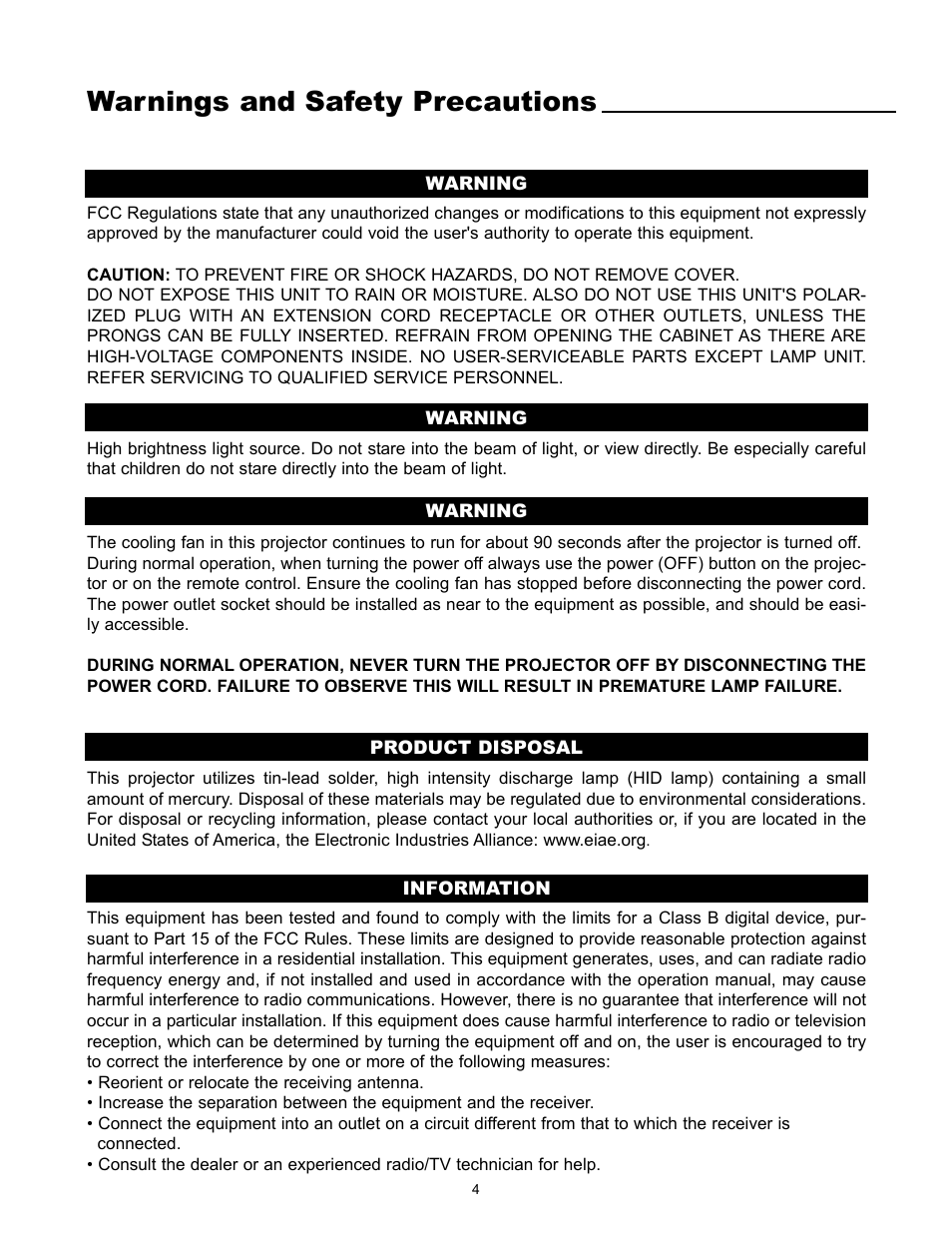 Warnings and safety precautions | Runco VX-4000d User Manual | Page 6 / 44
