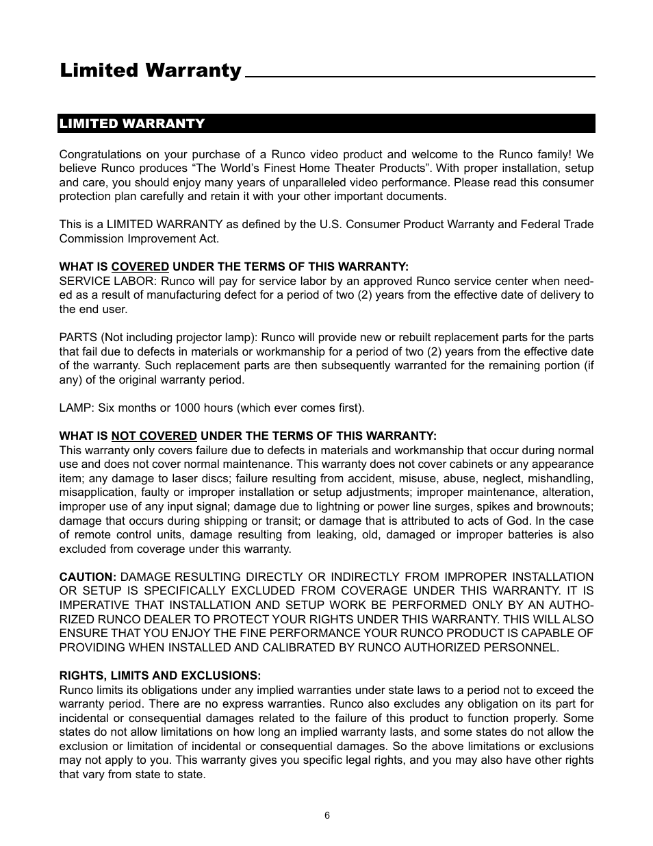 Limited warranty | Runco VX-4000d User Manual | Page 8 / 44
