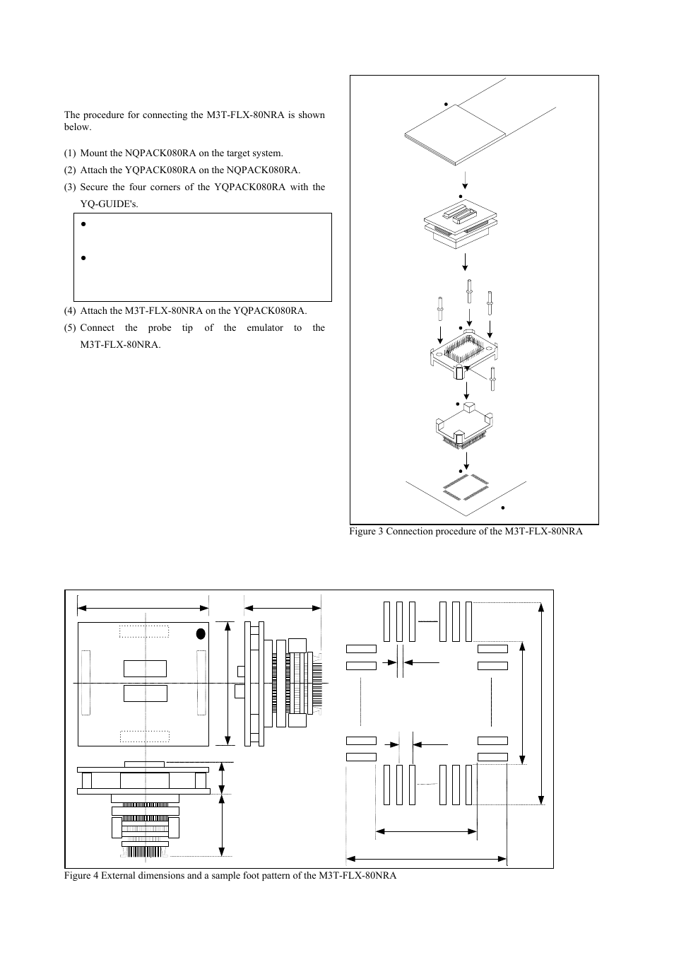 Connection procedure, External dimensions and a sample foot pattern, Connection procedure (see figure 3) | Renesas M3T-FLX-80NRA User Manual | Page 5 / 6