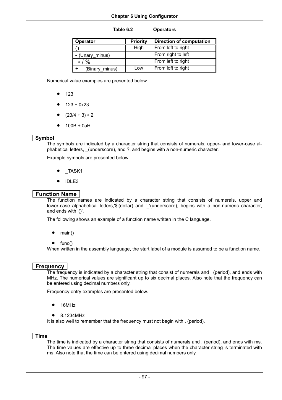 Operator, Direction of computation, Table 6.2 | Operators | Renesas 70 User Manual | Page 107 / 162