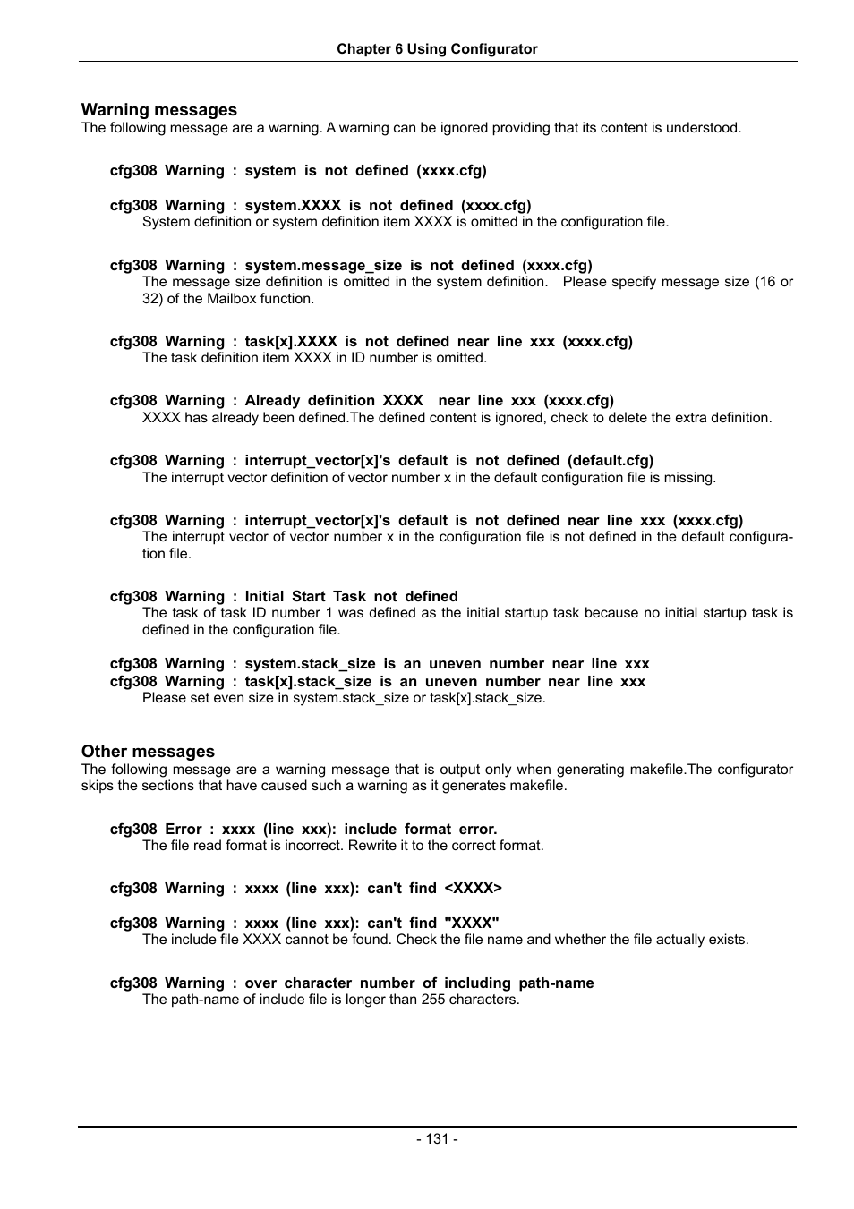 Warning messages, Other messages | Renesas 70 User Manual | Page 141 / 162