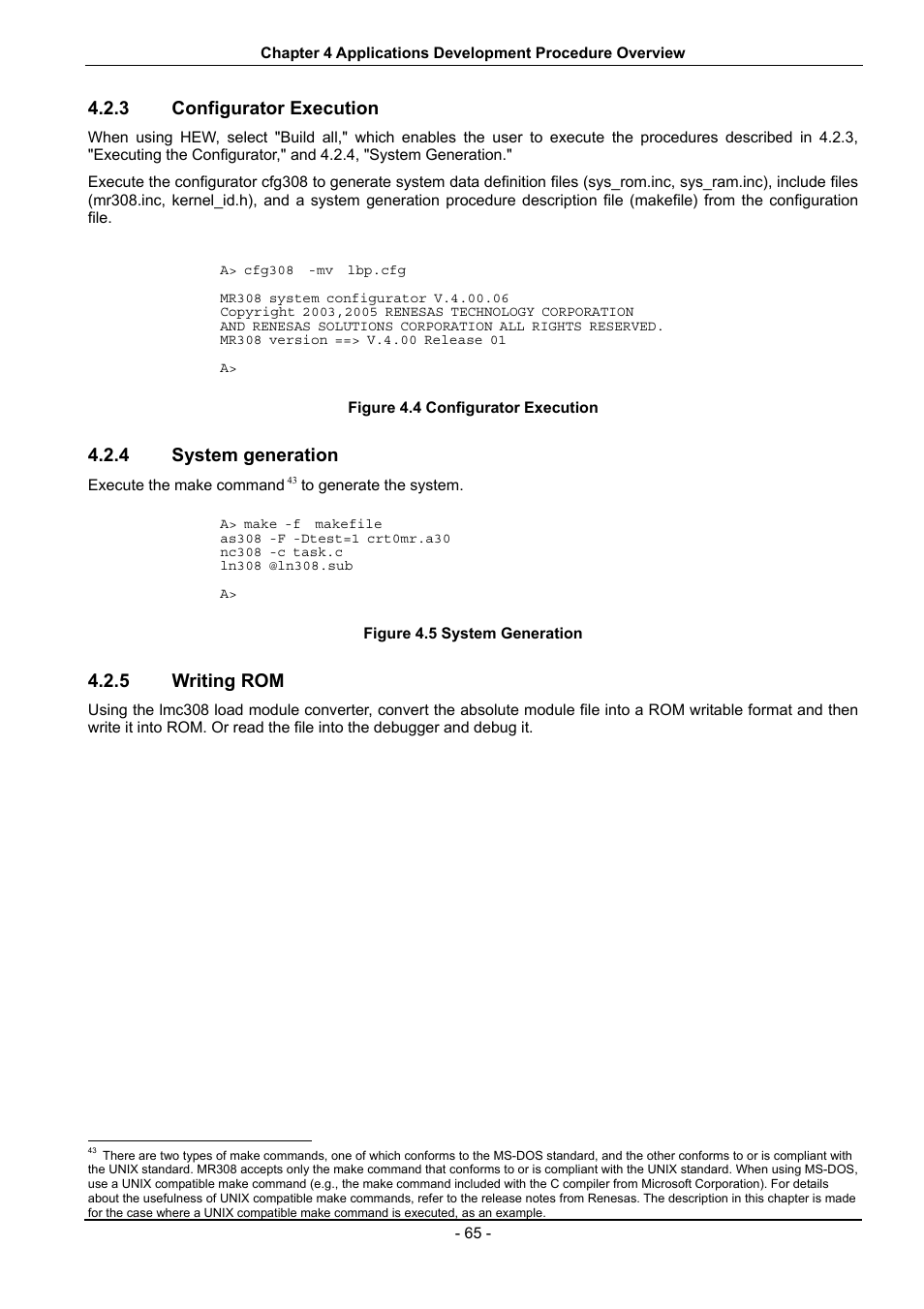 Configurator execution, System generation, Writing rom | Figure 4.4 configurator execution, Figure 4.5 system generation, 3 configurator execution, 4 system generation, 5 writing rom | Renesas 70 User Manual | Page 75 / 162