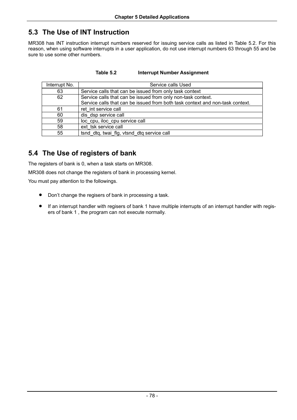 The use of int instruction, The use of registers of bank, Table 5.2 | Interrupt number assignment, 3 the use of int instruction, 4 the use of registers of bank | Renesas 70 User Manual | Page 88 / 162