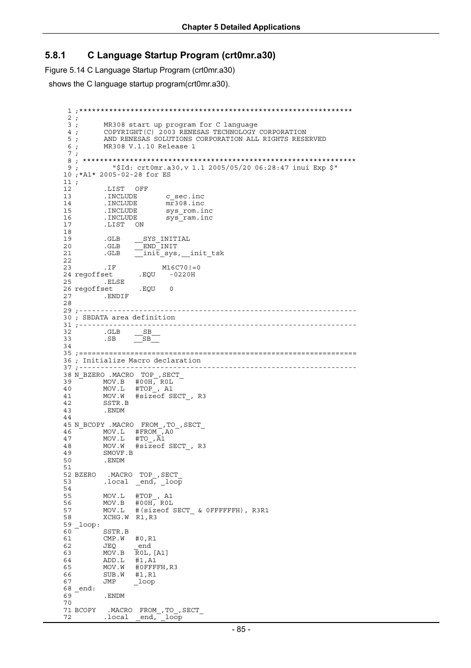 C language startup program (crt0mr.a30), 1 c language startup program (crt0mr.a30) | Renesas 70 User Manual | Page 95 / 162