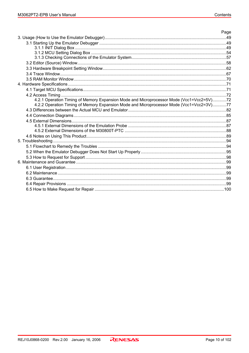 Renesas M3062PT2-EPB User Manual | Page 10 / 102