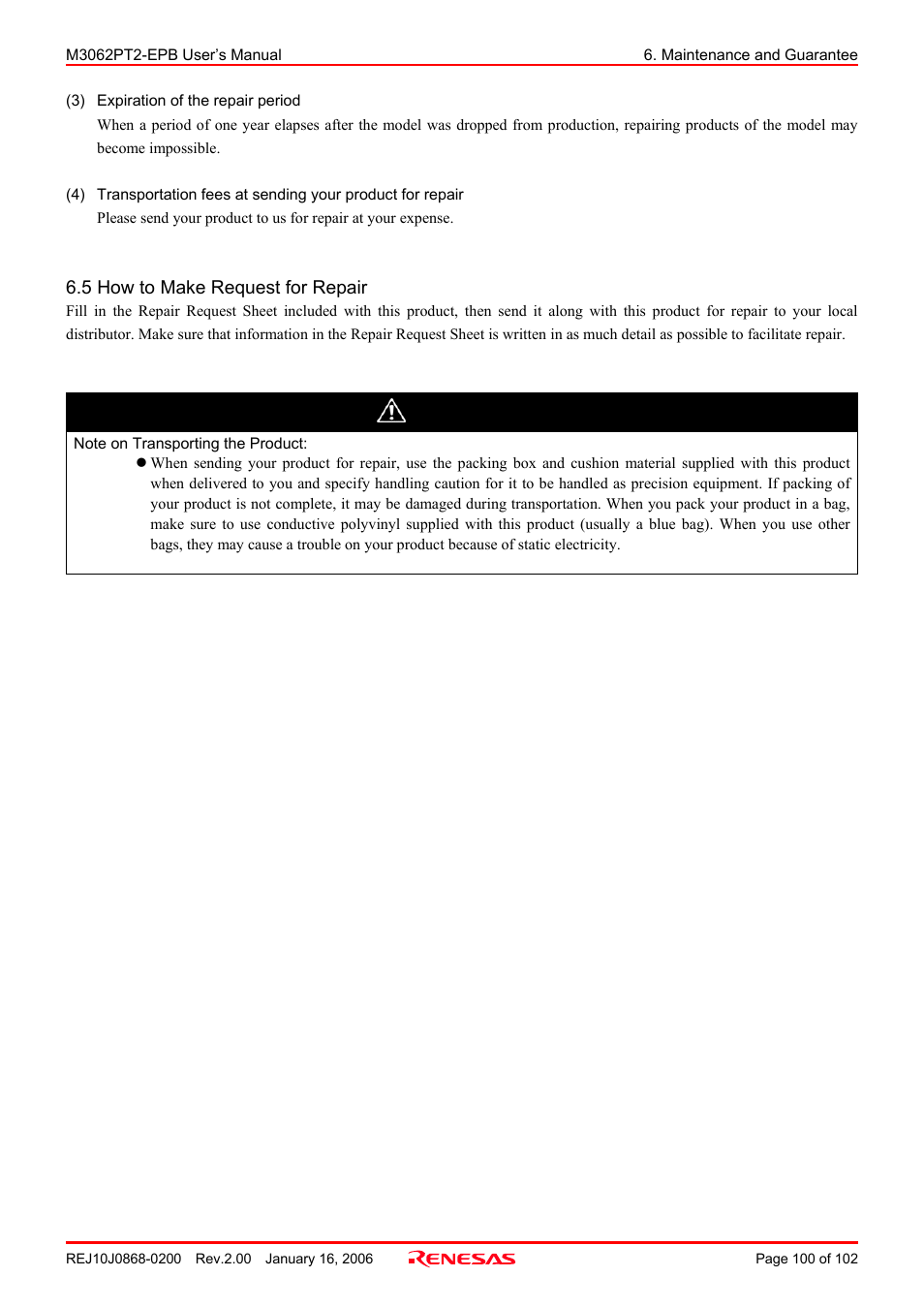 5 how to make request for repair, Caution | Renesas M3062PT2-EPB User Manual | Page 100 / 102