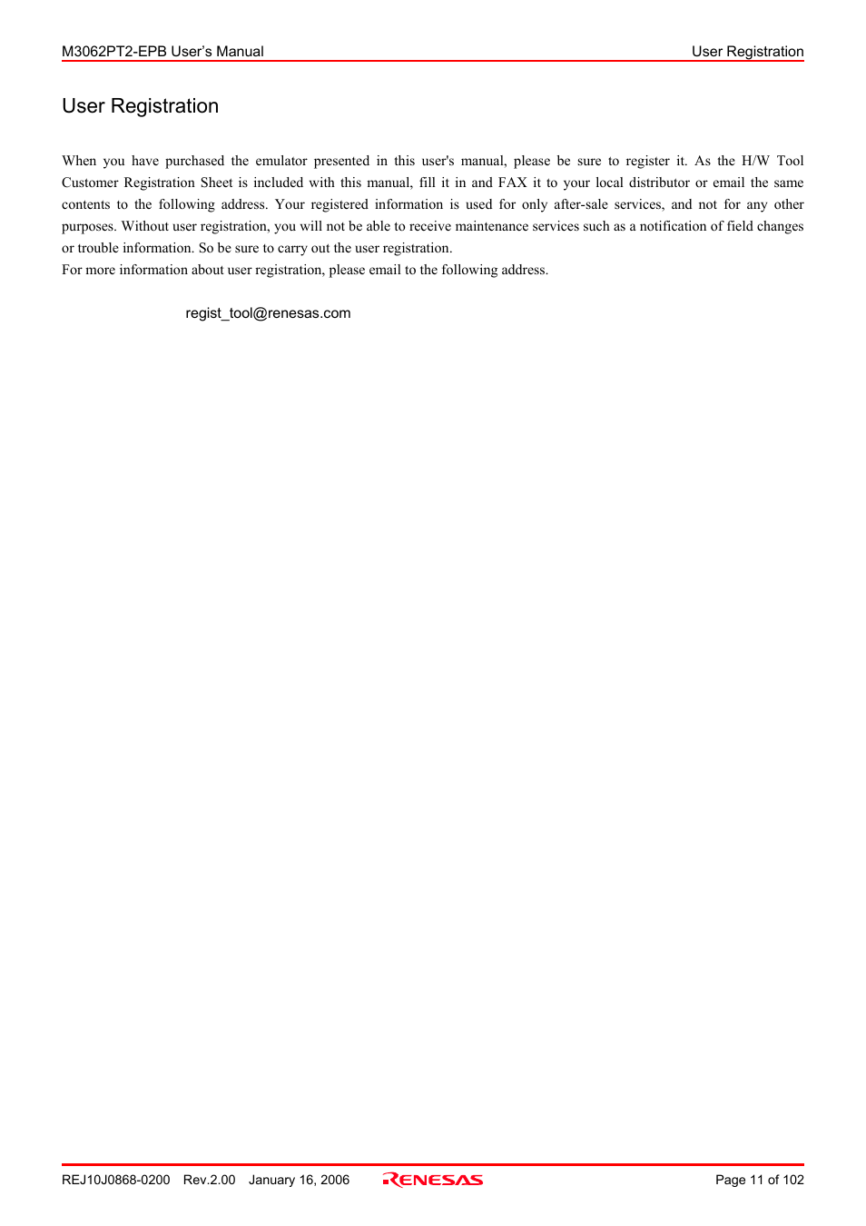 User registration | Renesas M3062PT2-EPB User Manual | Page 11 / 102