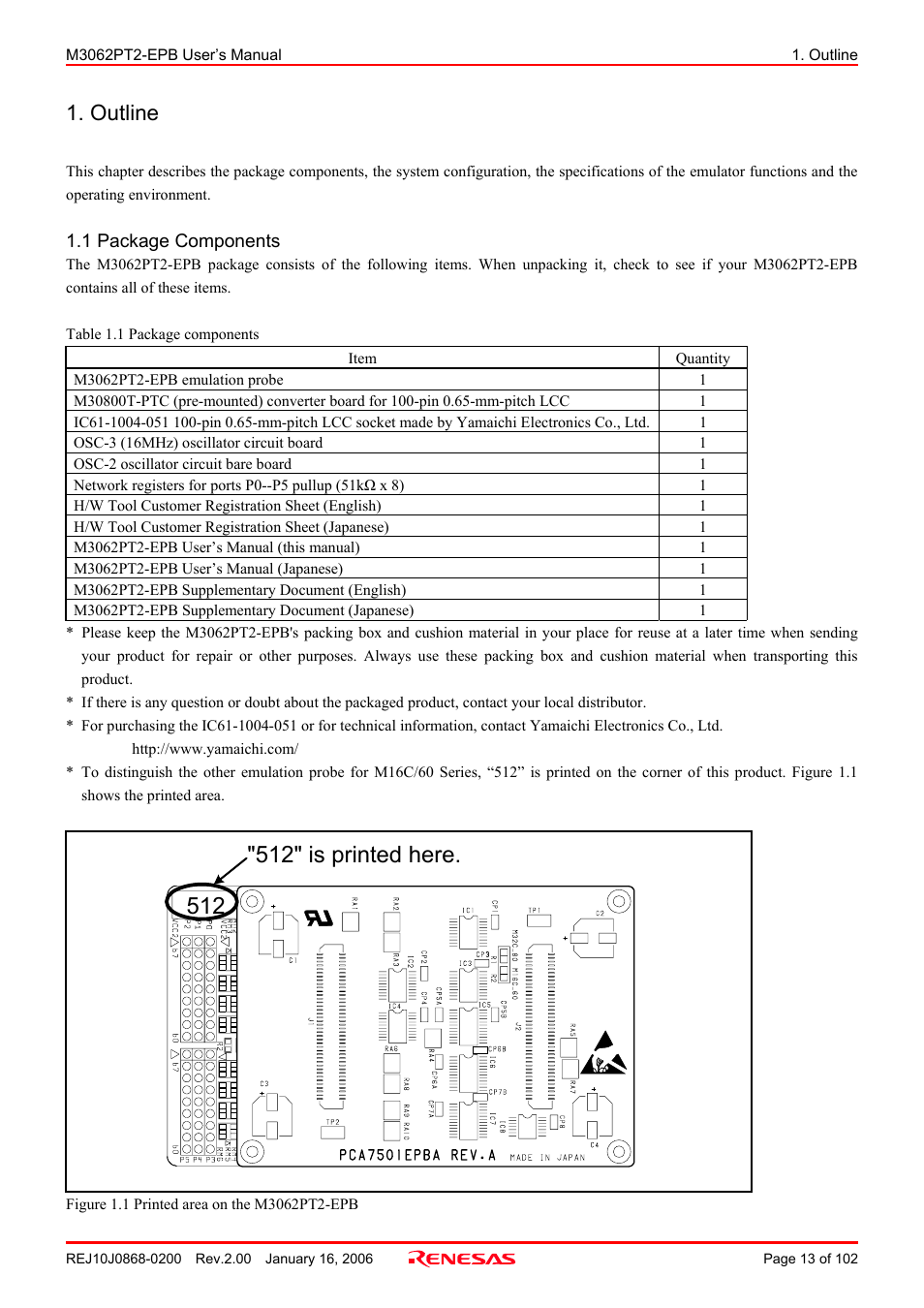 Outline, 1 package components | Renesas M3062PT2-EPB User Manual | Page 13 / 102
