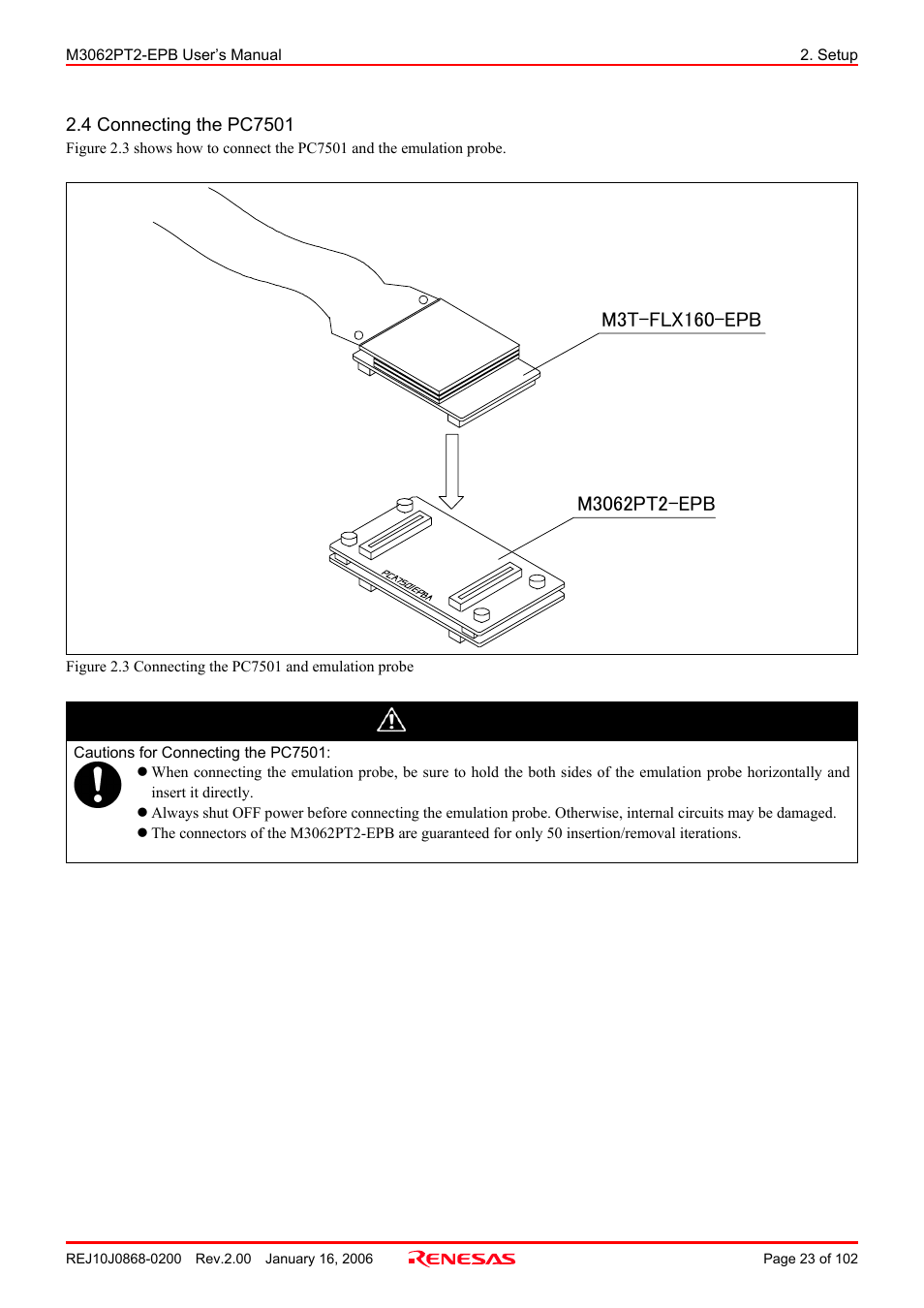 4 connecting the pc7501, Cautions for connecting the pc7501, Caution | Renesas M3062PT2-EPB User Manual | Page 23 / 102