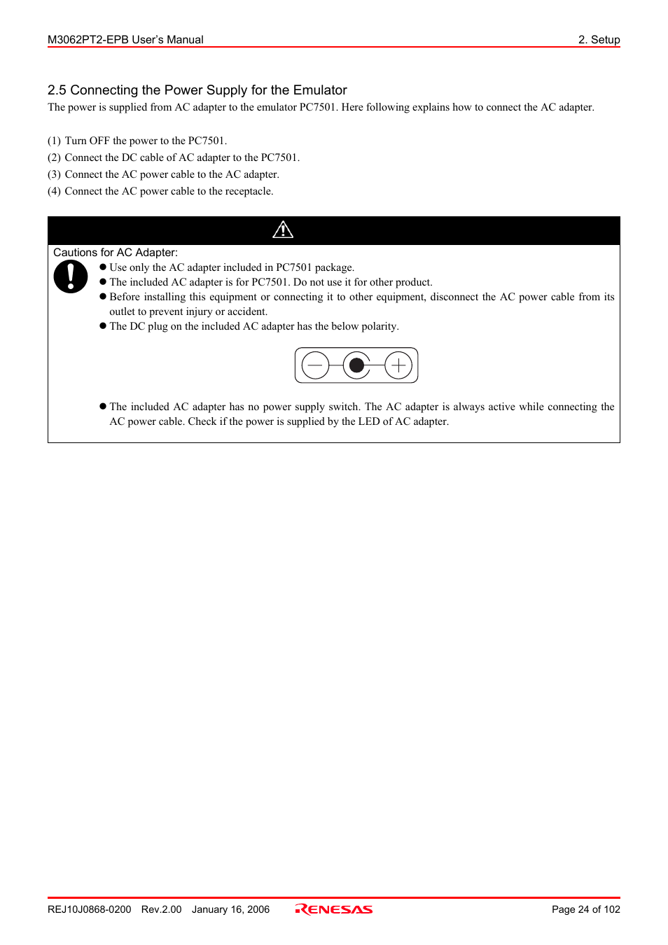5 connecting the power supply for the emulator, Cautions for ac adapter, Caution | Renesas M3062PT2-EPB User Manual | Page 24 / 102