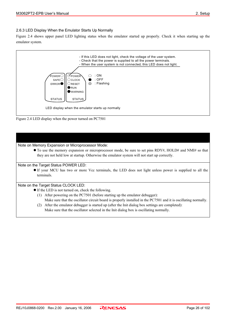 3 led display when the emulator starts up normally, Important | Renesas M3062PT2-EPB User Manual | Page 26 / 102