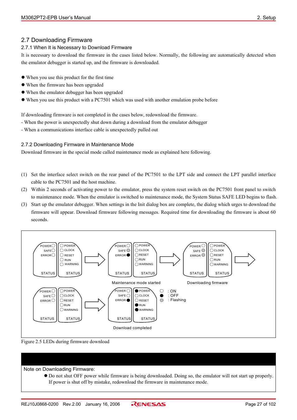 7 downloading firmware, 1 when it is necessary to download firmware, 2 downloading firmware in maintenance mode | Note on downloading firmware, Important | Renesas M3062PT2-EPB User Manual | Page 27 / 102
